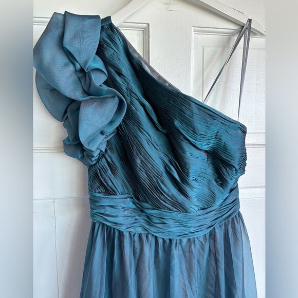 Nwt Mac Duggal Organza One Shoulder Pleated Tiered Ruffle Gown Fusion Blue Dress - Picture 4 of 11
